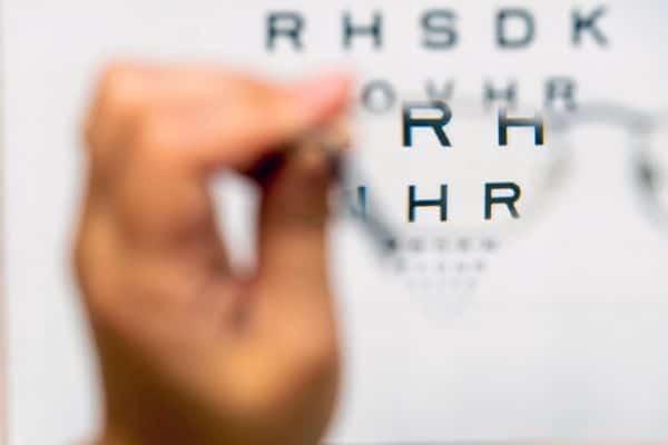 Mão masculina segurando um óculos de grau frente a tabela de teste visual