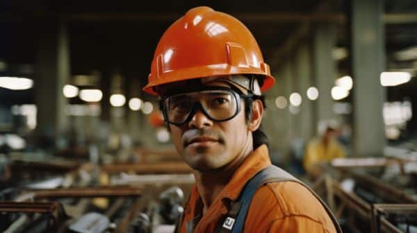 Homem usando óculos de proteção e capacete durante trabalho em fábrica.