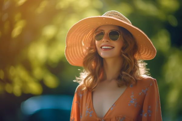 Mulher bonita usando óculos de sol e chapéu em meio à natureza exuberante da primavera.