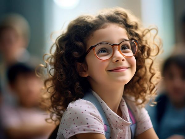 Menina sorridente, com cabelos cacheados, usa óculos de grau para corrigir problema de acuidade visual.