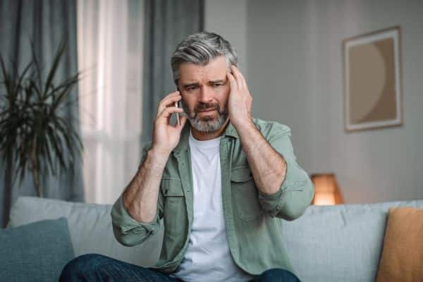 Homem de meia idade, falando ao telefone e com uma das mãos toca a têmpora esquerda; um claro sinal de dor de cabeça.