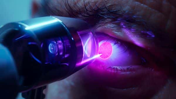 Um laser sendo usado  em paciente para tratar degeneração macular.