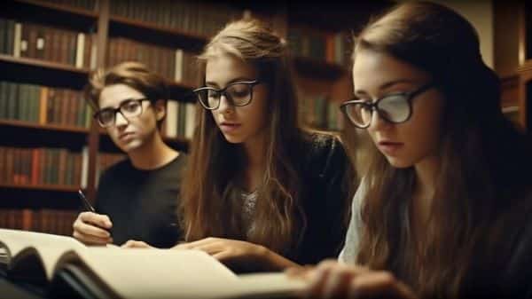 3 jovens estudantes estão em uma biblioteca realizando atividades escolares juntos. Todos usam óculos de grau.