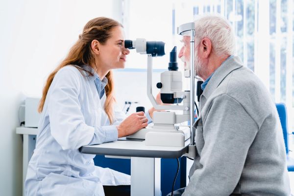 Uma oftalmóloga examinando os olhos de um homem maduro para identificar doença ocular como o glaucoma.