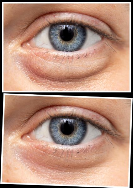 O antes e o depois de uma cirurgia de pálpebras. Imagem de um olho azul.