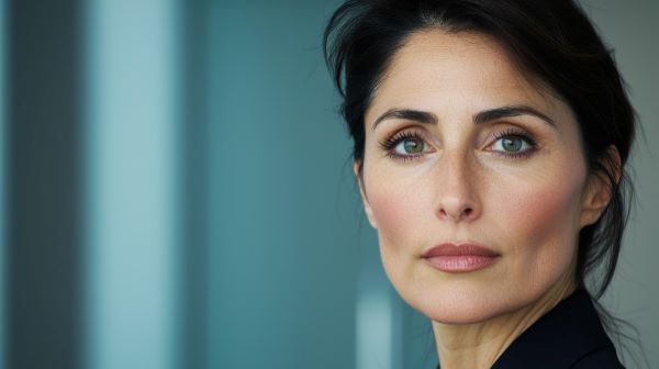 Mulher morena e elegante, bem maquiada, com olhos rejuvenescidos após blefaroplastia.