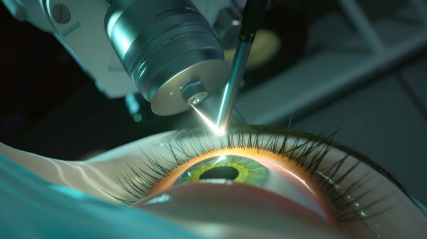 Close-up de um laser sendo usado durante uma cirurgia ocular num caso de trabeculoplastia.