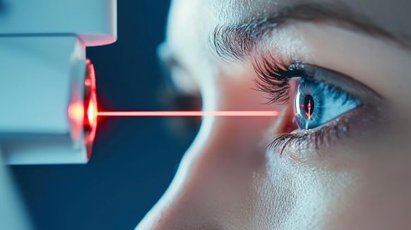 Feixe de luz vermelha em direção ao olho azul de uma jovem. Conceito de trabeculoplastia a laser