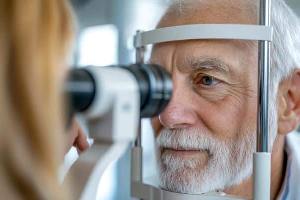 Homem idoso passando por um exame ocular com um oftalmologista.