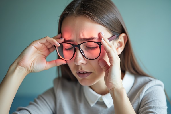 Jovem de cabelos longos e escuros, usando óculos de grau, apoia a cabeça com ambas as mãos demonstrando dor de cabeça. Região dos olhos está em vermelho para simbolizar o incômodo.
