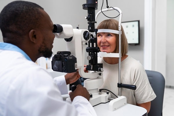 Médico negro realizando exame de fundo de olho em paciente , uma mulher madura.