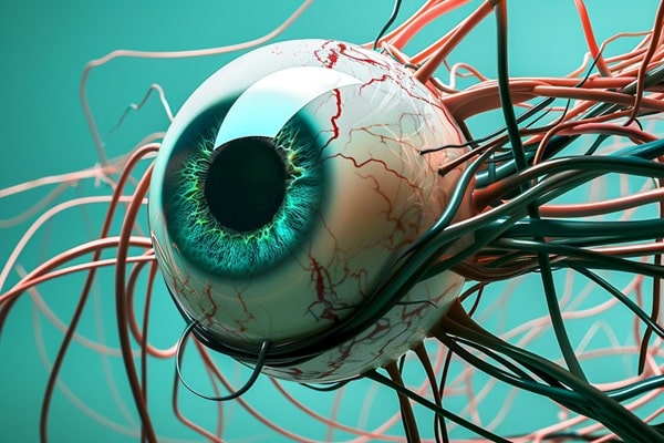 Imagem gerada por AI de um globo ocular e suas enervações. Conceito de olho seco neurogênico.