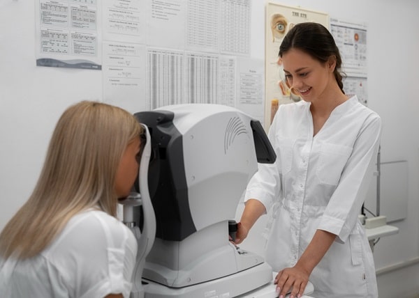 Exames para detectar o glaucoma. Na imagem, assistente de oftalmologista utiliza uma tecnologia para realizar um exame ocular, a tonometria.