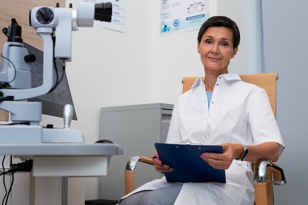 Médica oftalmologista, em consultório, analisando resultados de exames oculares.