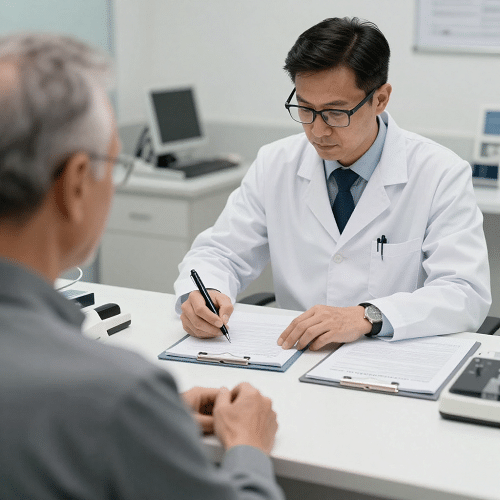 Médico oftalmologista fazendo a solicitação de exames pré-cirúrgicos para catarata.
