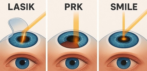 Diferenças entre as cirurgias refrativas a laser: Lasik, PRK e SMILE.
