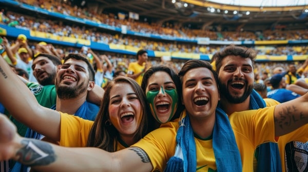 Copa do mundo 2026 : torcedores usando camisetas com as cores do Brasil em um estádio de futebol.
