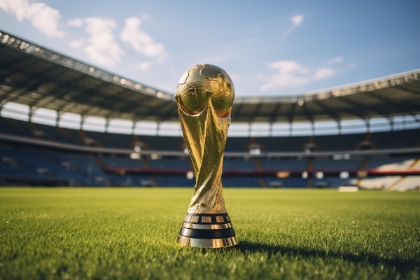 Troféu da Copa do Mundo no gramado de um estádio