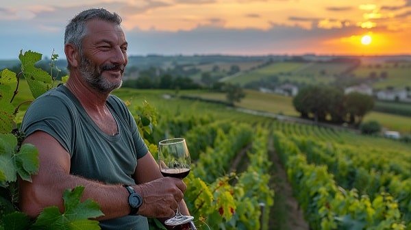 Homem maduro, grisalho, feliz, desfrutando de uma taça de vinho em um vinhedo na Serra Gaúcha durante o pôr do sol.