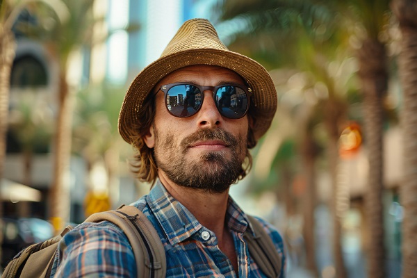 Homem jovem, turistando,protege-se do sol com o uso de óculos escuros e chapéu.