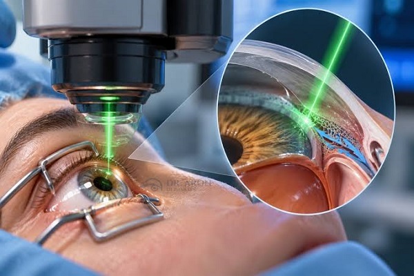 Close do olho de paciente realizando cirurgia a laser para tratamento do glaucoma.
